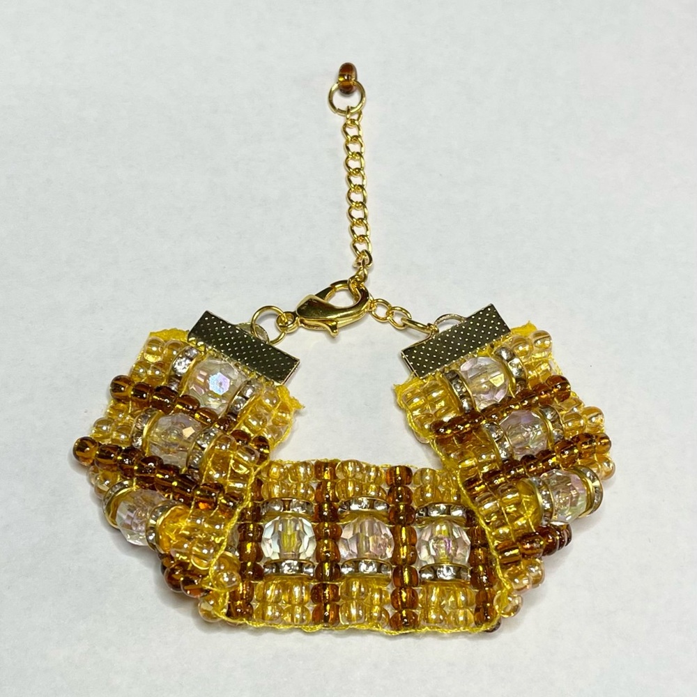 Handmade Bead Loom Bracelet Facetted Glass Rhinestone Spacer Beads Brown Amber